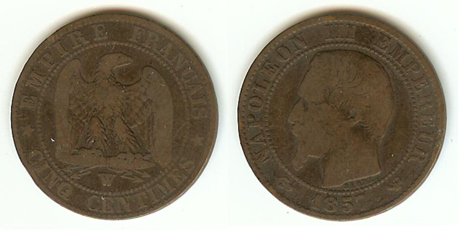 Cinq centimes Napoléon III, tête nue 1857 Lille TB à TB+